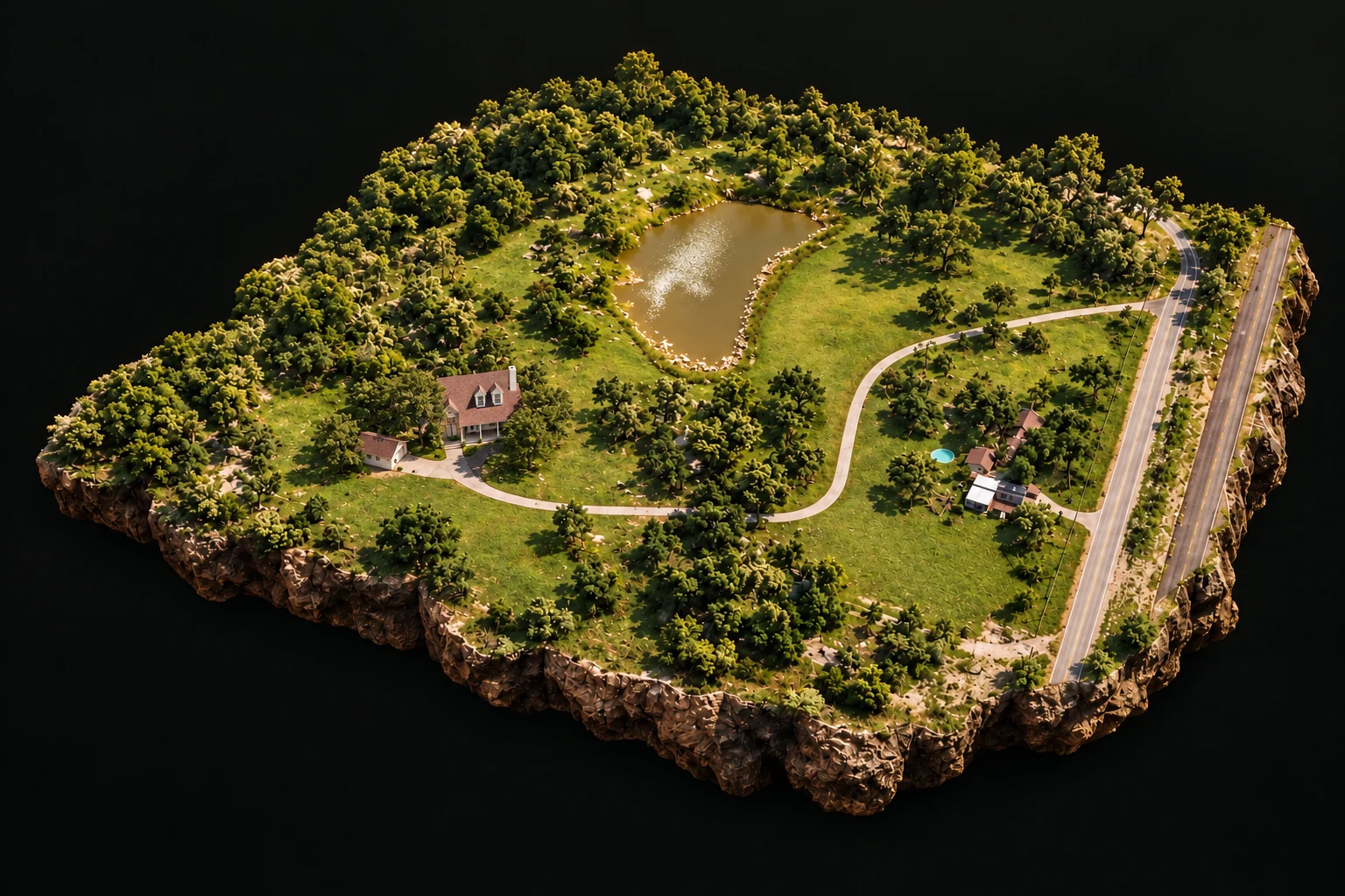 Illustration of the wooded property, residence southwest of the lake and drive leading to the eastern road. Not a survey.